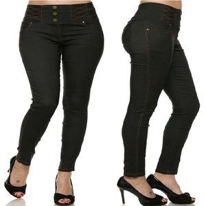Faux Denim Look High Corset Waist Pants | Black